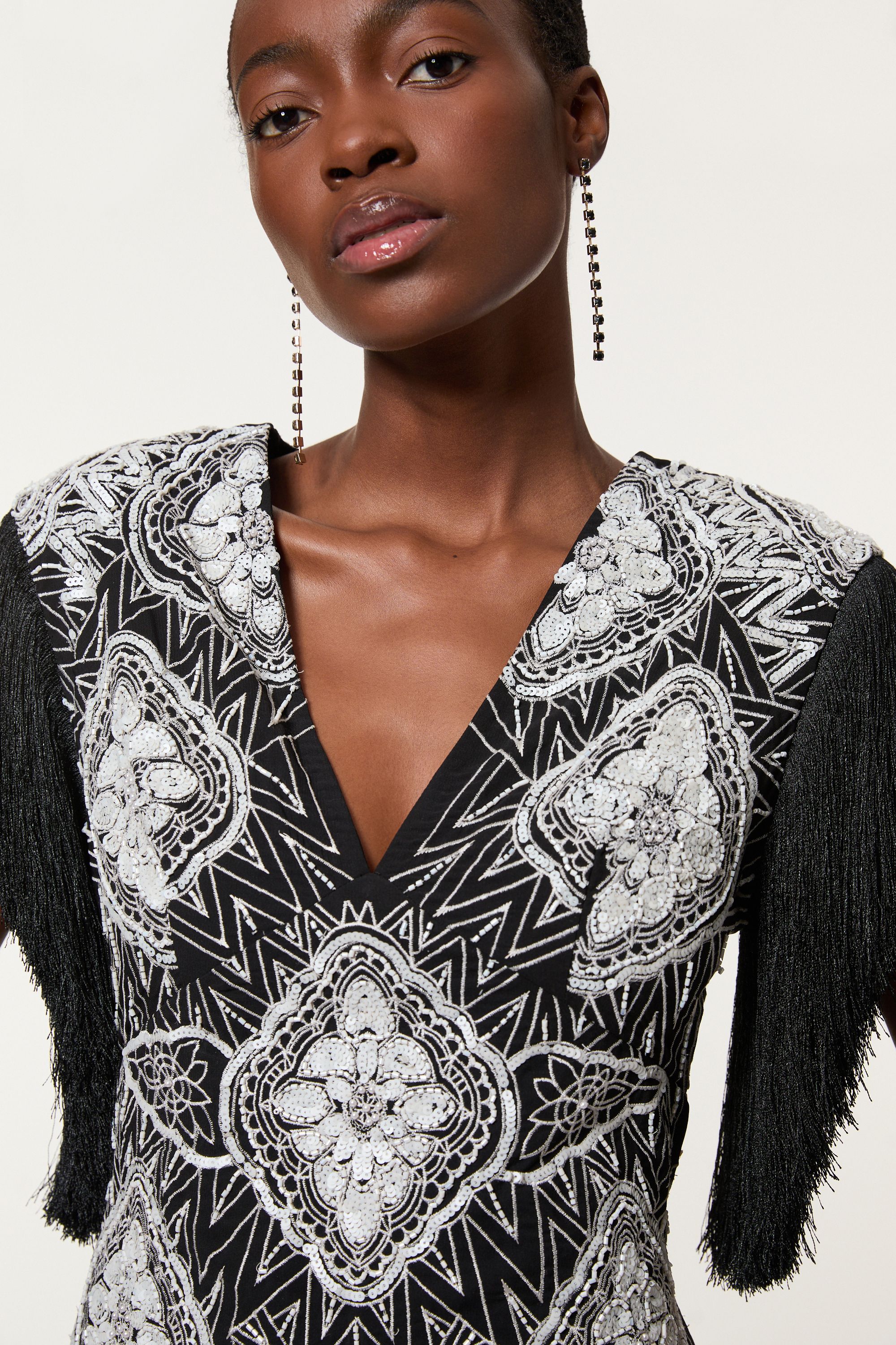KarenMillen Petite Embellished Fringe Strappy Woven Mini Dress
