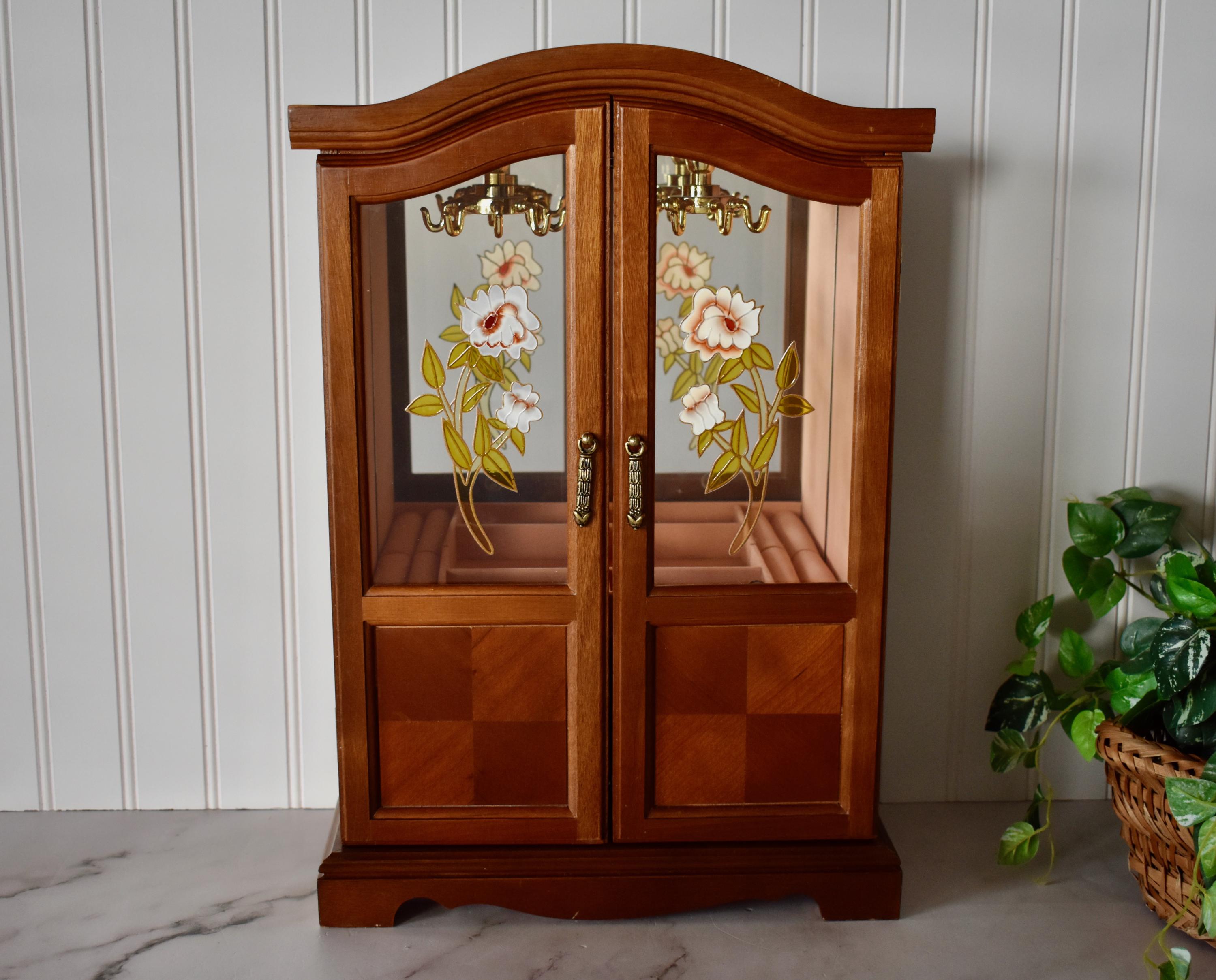 Tall Vintage Jewelry Box with Parquet Wood Designs and Painted Floral Windows, Two Necklace Carousels, Two Drawers