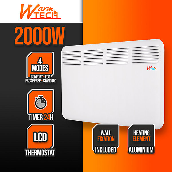 Chauffage mural 2000W - 4 modes - Thermostat électronique - Timer 24H - Warm Tech