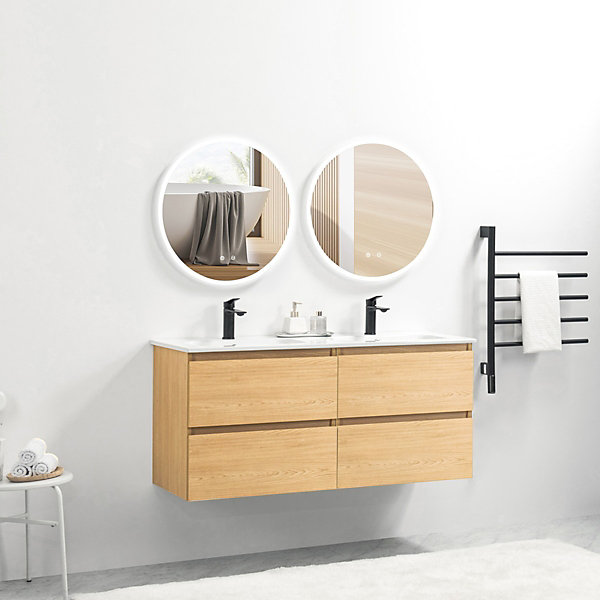 Pack Meuble prémonté 120 bois-Vasque résine-Robinets noir-Miroirs JOY - bain-bain
