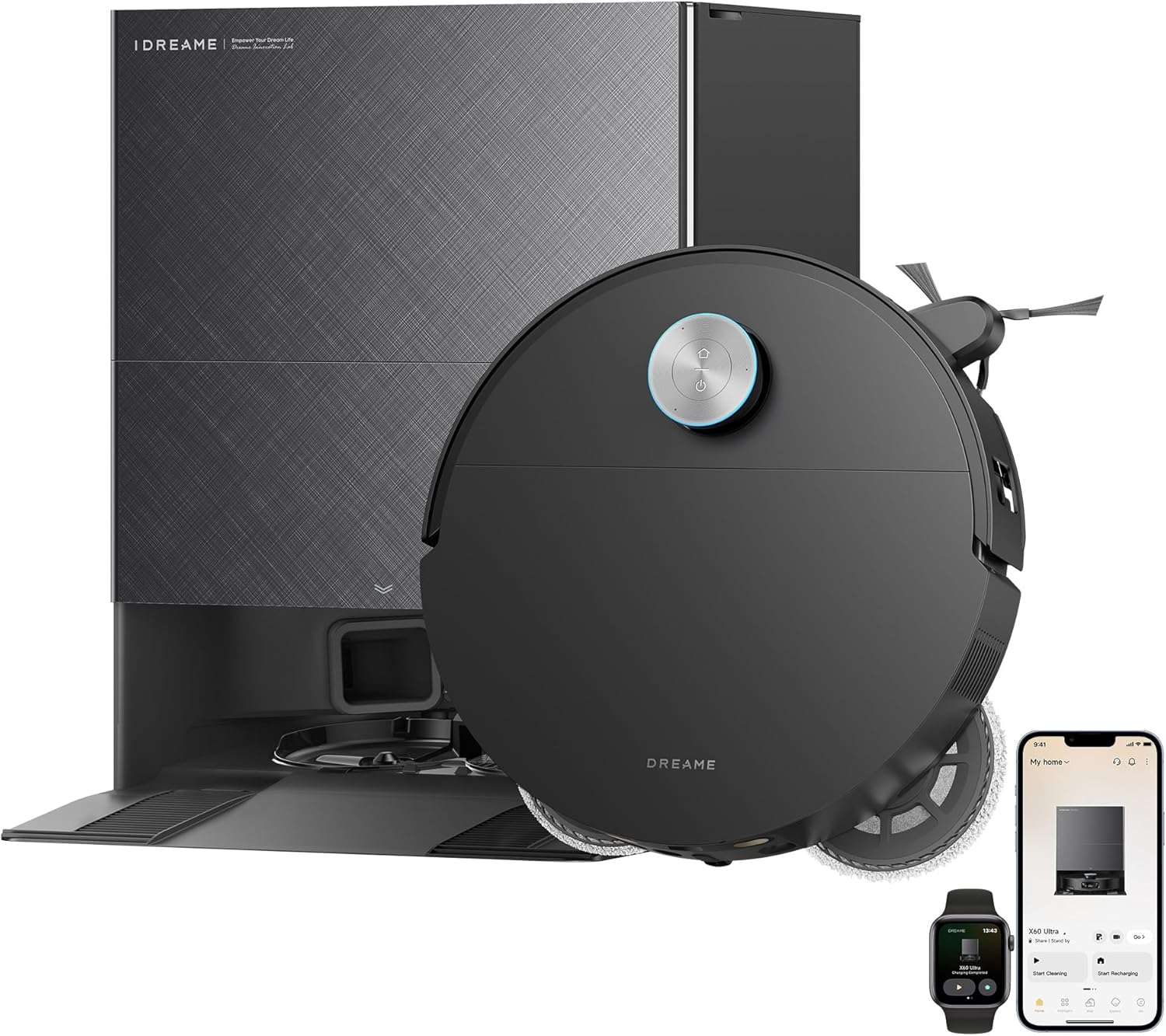 DREAME X60 Ultra Robot Vacuum and Mop, 3.13in Ultra-Thin Design, 3.47in Obstacle Clearing, 35,000Pa Suction, Self Emptying&Refilling, Mop Self-Cleaning, 100% Detangling, 280+Obstacle Avoidance, Black
