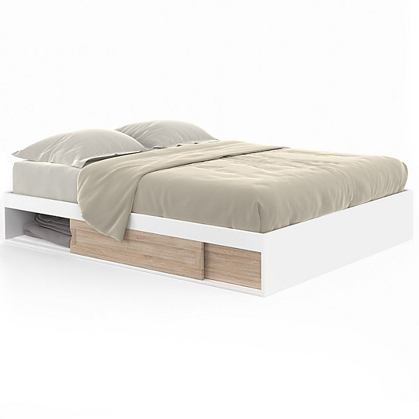 Cadre de lit double SALEM avec rangements et sommier 140 x 190 cm blanc et façon hêtre