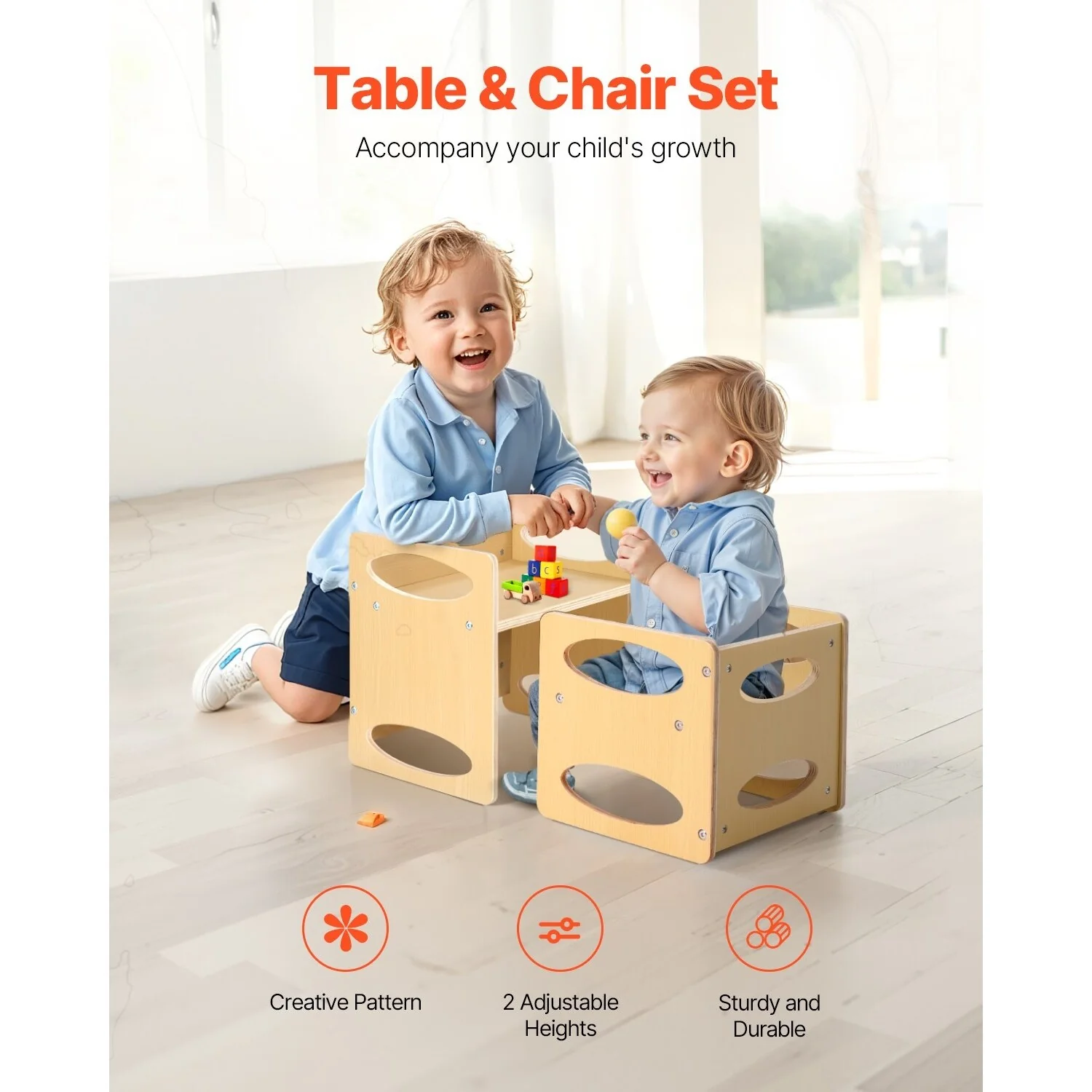 Natural Wood Plywood Montessori Table Chair Set with Pattern & Adjustability - 15 x 11.8 x 14.2 in