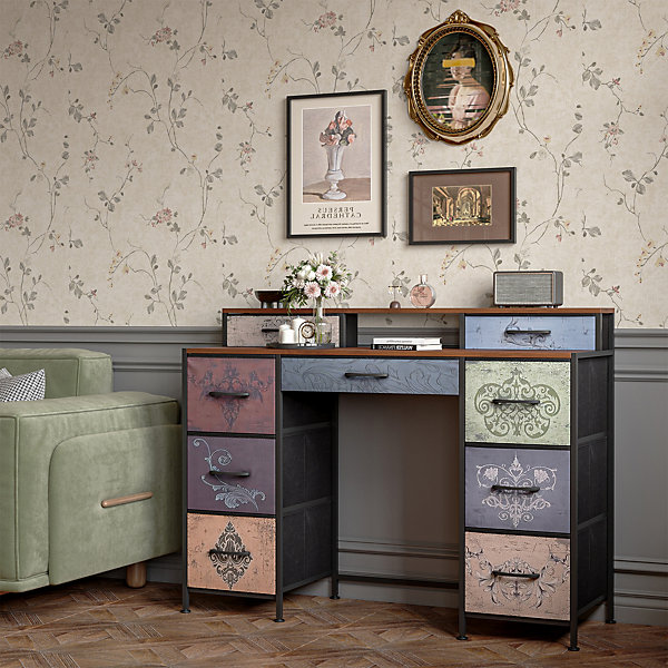 Coiffeuse, meuble avec 9 tiroirs, plateau en bois, pieds réglables et système anti-basculement, 212x40x91.2 cm, Multicolore