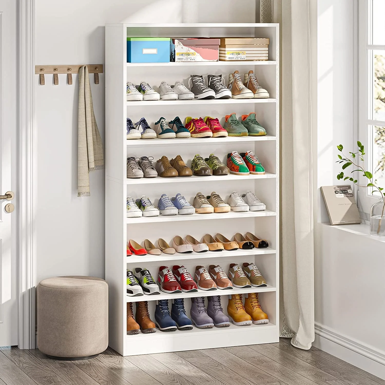 Shoe Cabinet Narrow High Shoe Cabinet with Open Storage for Entryway, White