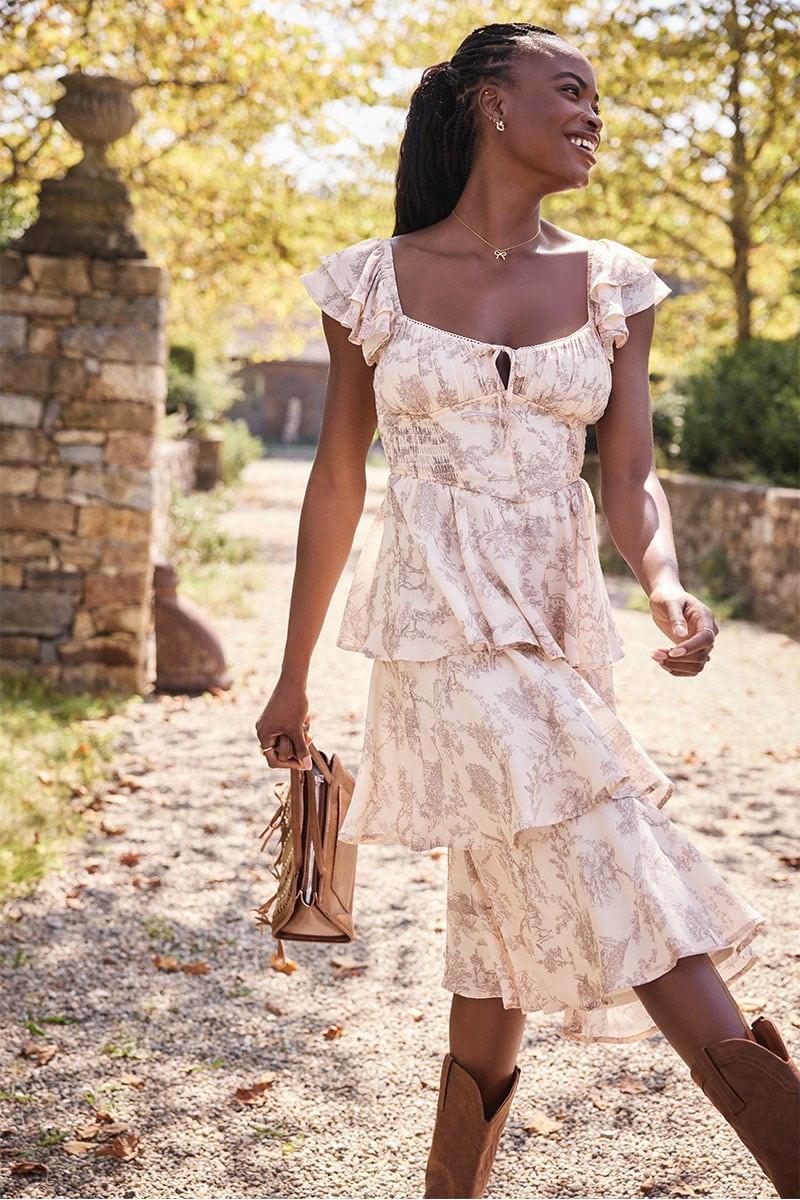 Mona Toile Print Corset Tiered Midi Dress