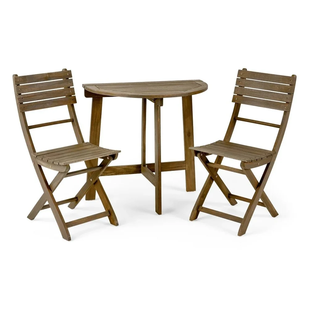 Outdoor 3pc Half-Round Folding Acacia Wood Bistro Set: Weather-Resistant, Space-Saving,Grey