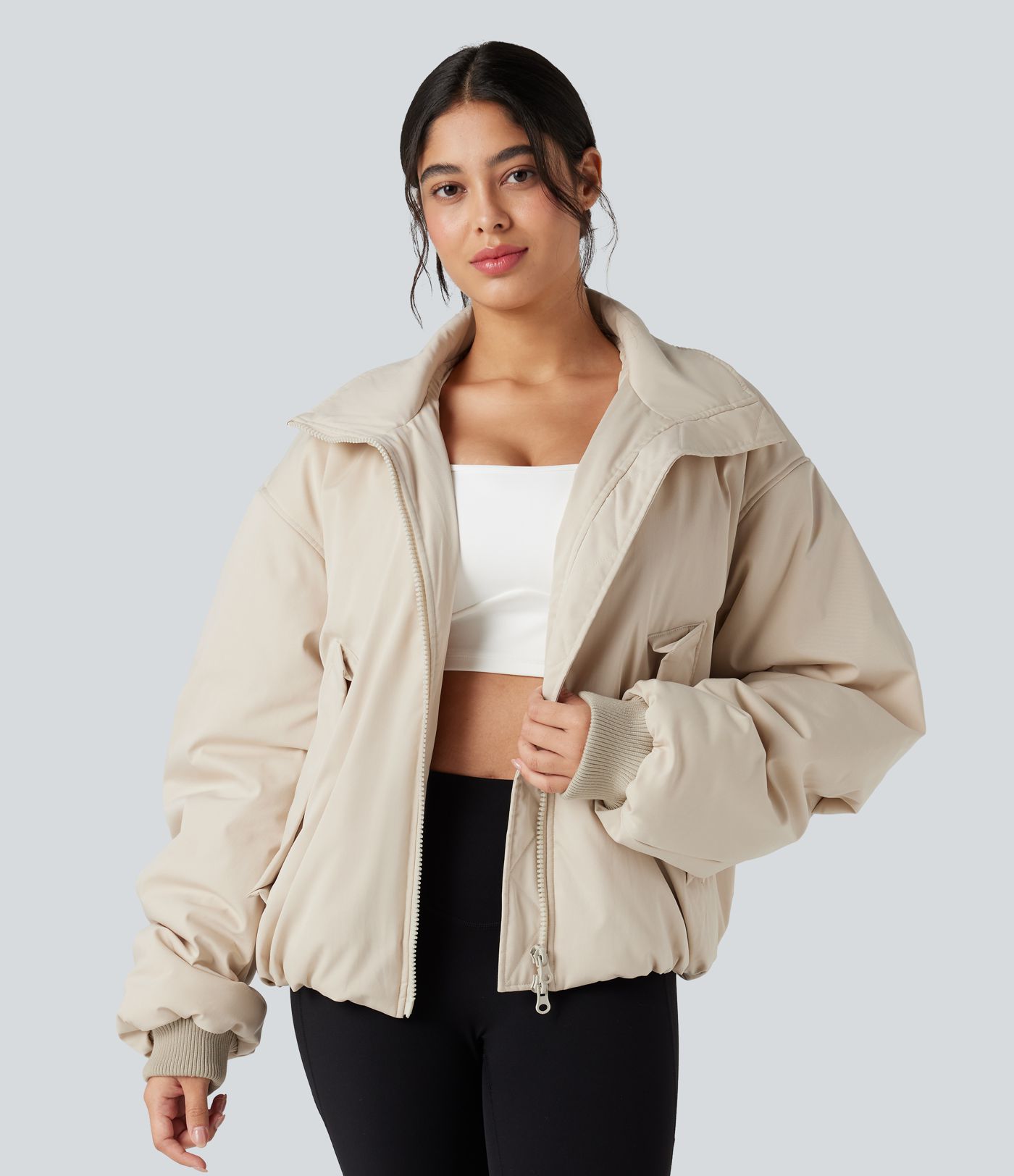 Doudoune casual zippée à col montant et manches longues avec poches