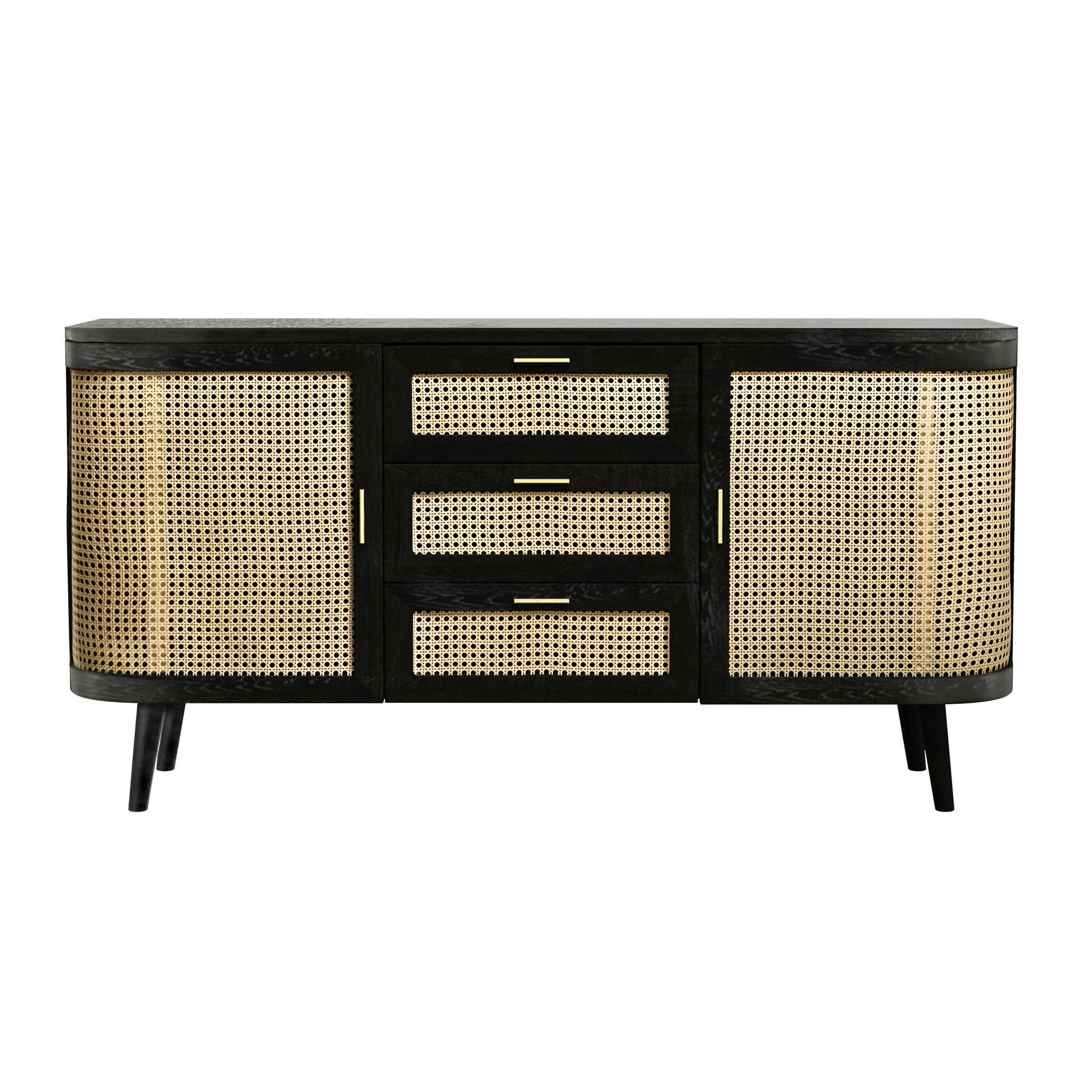 WENDY - Buffet noir 2 portes 3 tiroirs en bois de manguier et cannage