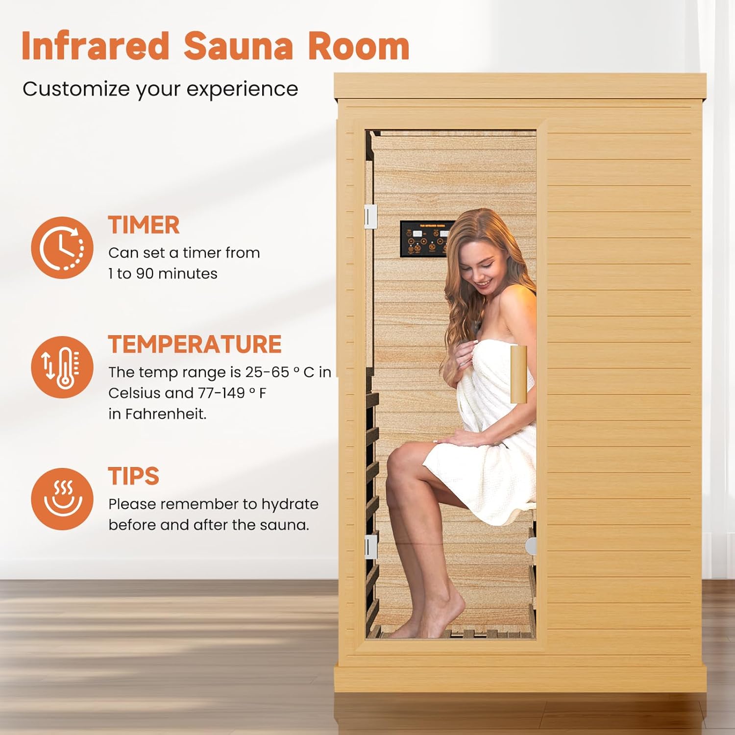 Far Infrared Sauna Home Sauna Spa Room Canadian Hemlock Wood 1200W Indoor Saunas Low EMF 110V with 7 Color Light and Tempered Glass Door  Room: 35.2 * 27.6 * 61.6Inch