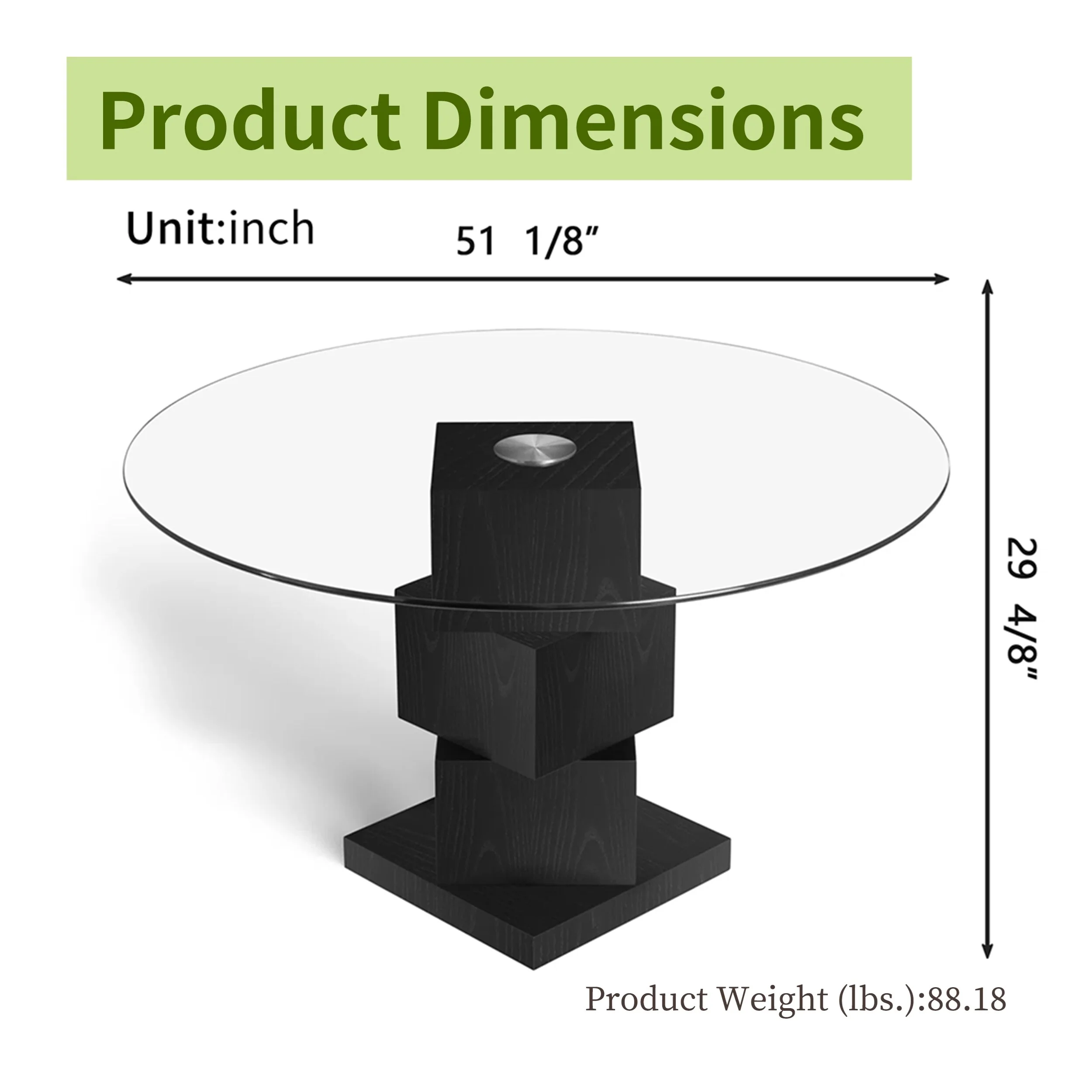 51 Round Glass Dining Table,Wood Pedestal Base,Shatterproof,Seats 4-6