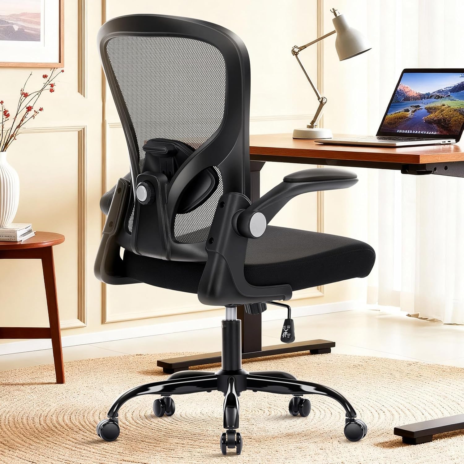 Ergonomic Office Chair, Computer Desk Chair with Adjustable Lumbar Support, Breathable Mesh Office Chair with Flip-up Armrests, Rocking Function, Comfy Home Office Desk Chair, Black
