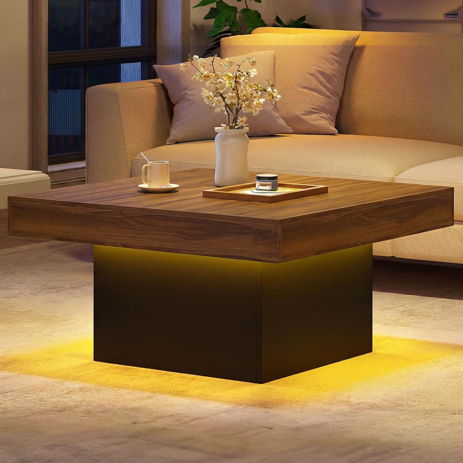Giantex LED Coffee Table, Square Center Table with Remote, 21 Dynamic Modes, 20 Static Colors, Adjustable Brightness & Speed, Wood Low Cocktail Accent Table, Modern Living Room Table (Brown)