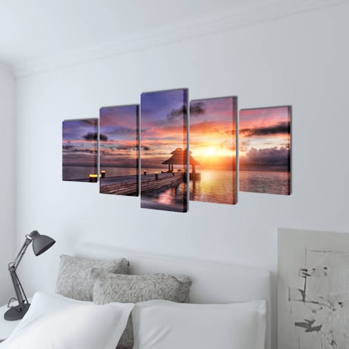 NNEVL Canvas Wall Print Set Beach with Pavilion 200 x 100 cm
