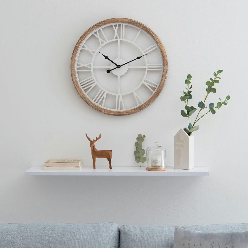 MONTROY - Horloge murale blanche et coloris naturel H50