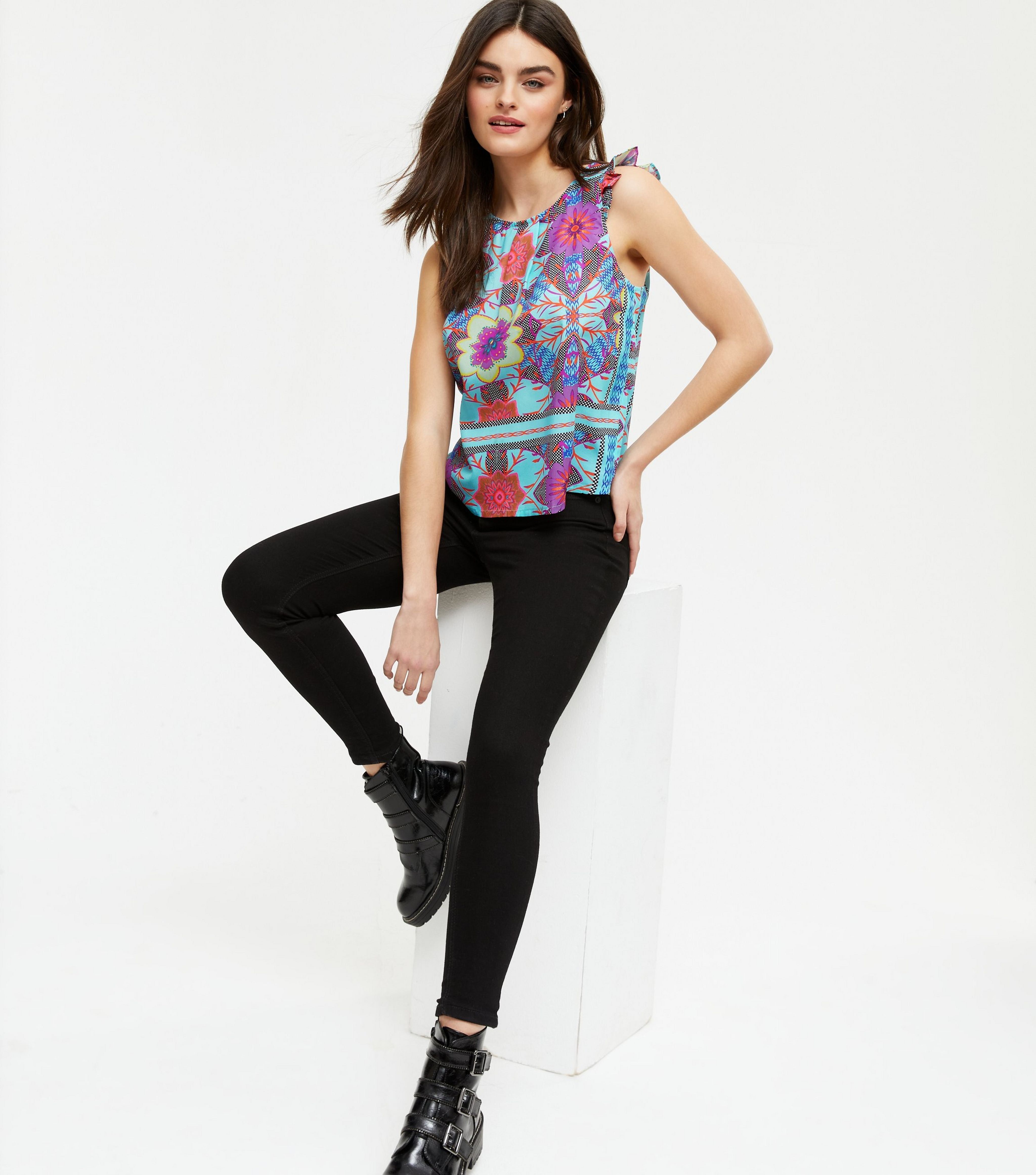 Cutie London Blue Floral Frill Sleeve Sleeveless Top