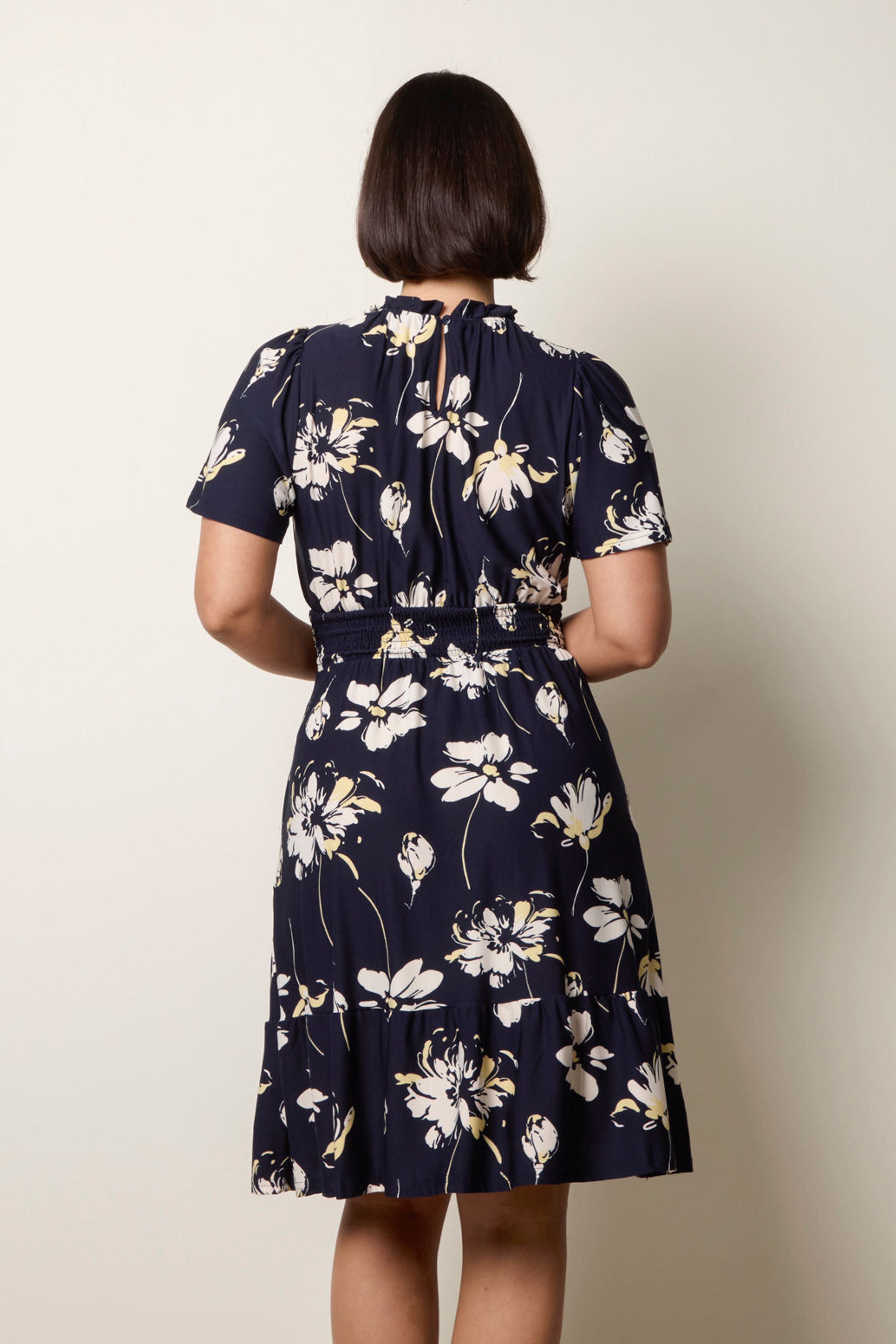 Blue Vanilla Navy Elasticated Frill High Neck Floral Mini Dress
