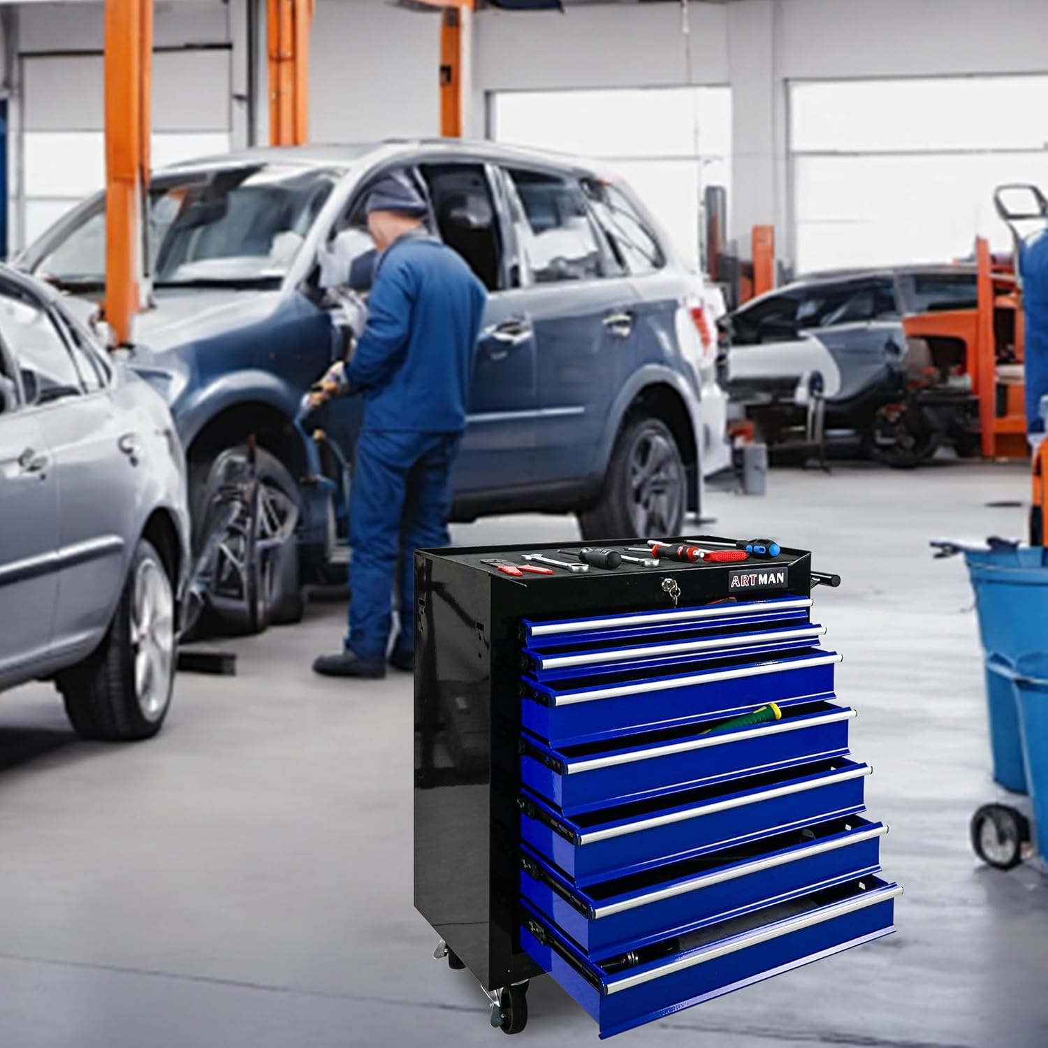 7 Drawers Rolling Tool Cart on Wheels, Multifunctional Organizer Tool Chest Tool Case , Trolley Tool Storage Tool Box for Workshop,Garage,Repair Shop (7 Drawers 24.2W×12.9D×29.9H-Black&Blue)