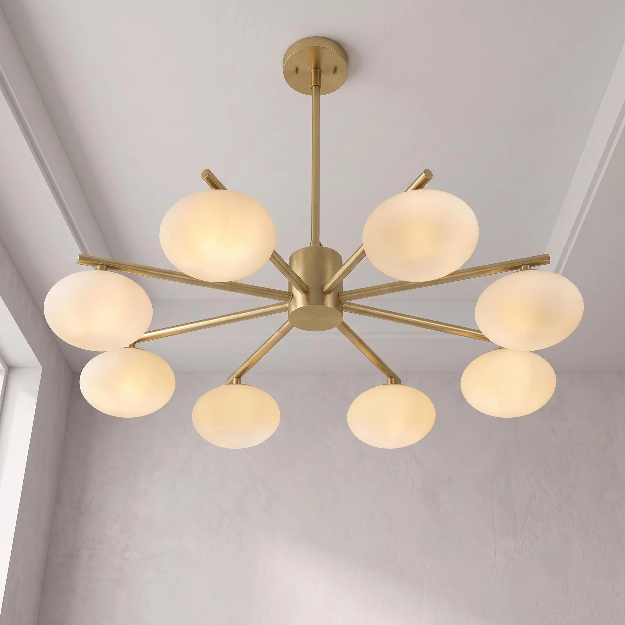 Brass Globe Chandelier, 8 Light Opal Glass Chandelier, Mid Century Ceiling Light, Dining Room Kitchen Island Fixture