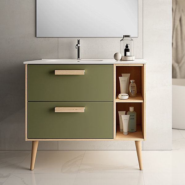 Meuble de salle de bain vasque déportée - 2 tiroirs - MALIA et miroir Led STAM - vert olive - 80cm