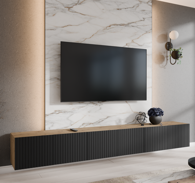 Szafka RTV NOELI 300 cmzamknięta do salonu, ryflowana- artisan czarny