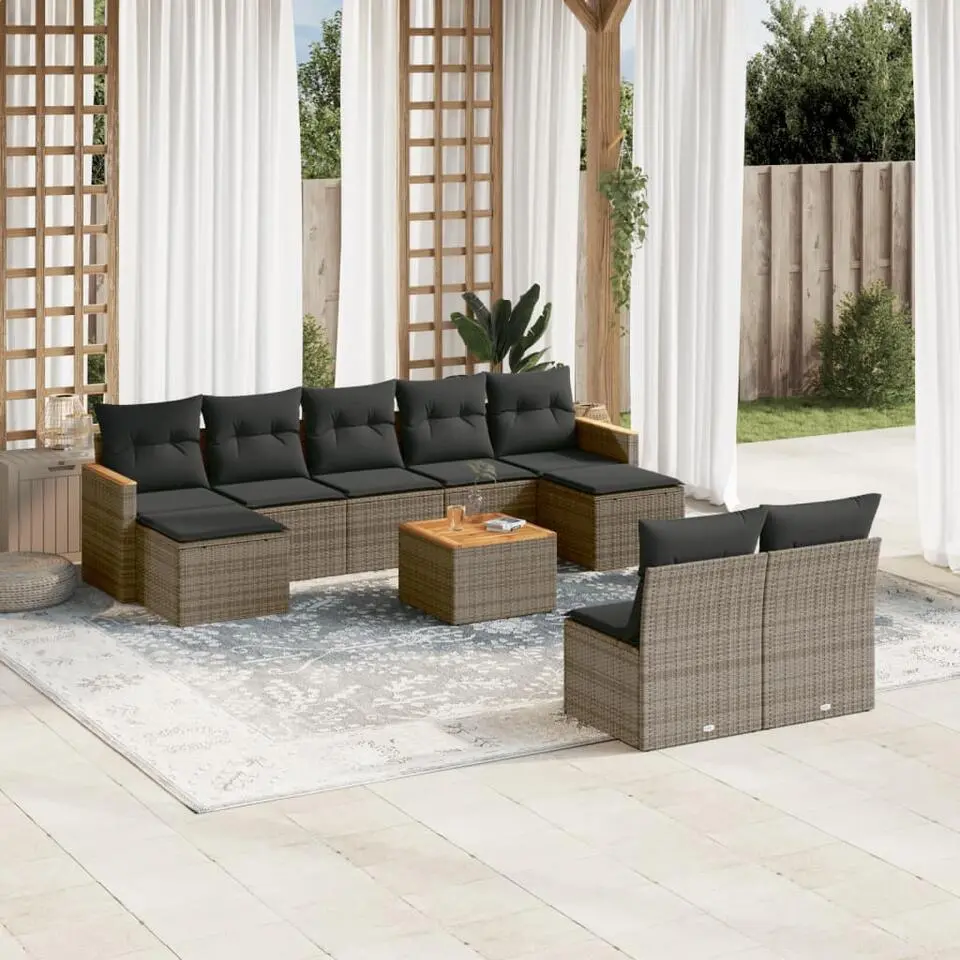 vidaXL 10-delige Loungeset voor 9 met kussens & krukken - Gris - Poly rattan