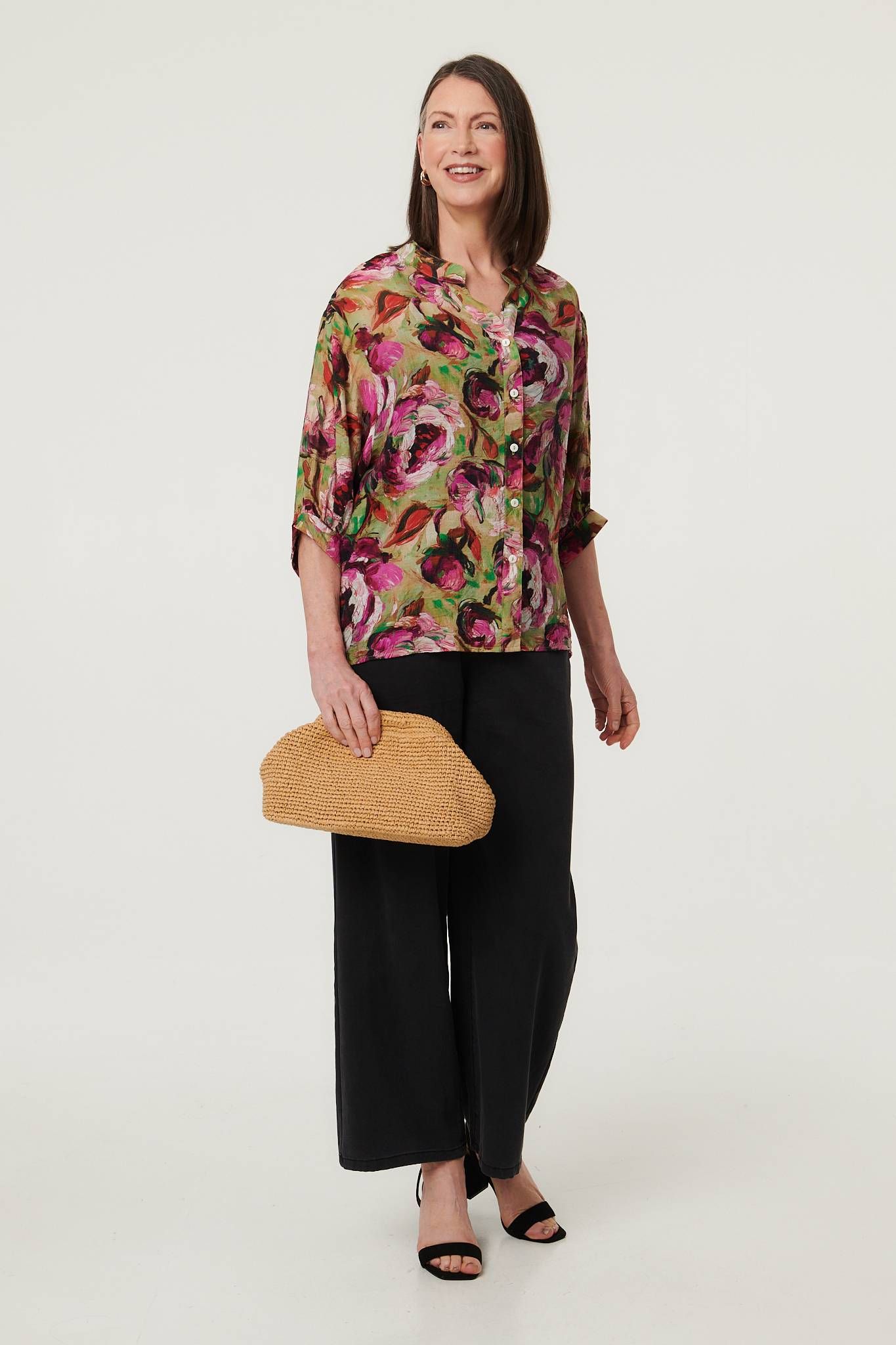 Izabel London Floral Button 3/4 Sleeve Relaxed Blouse