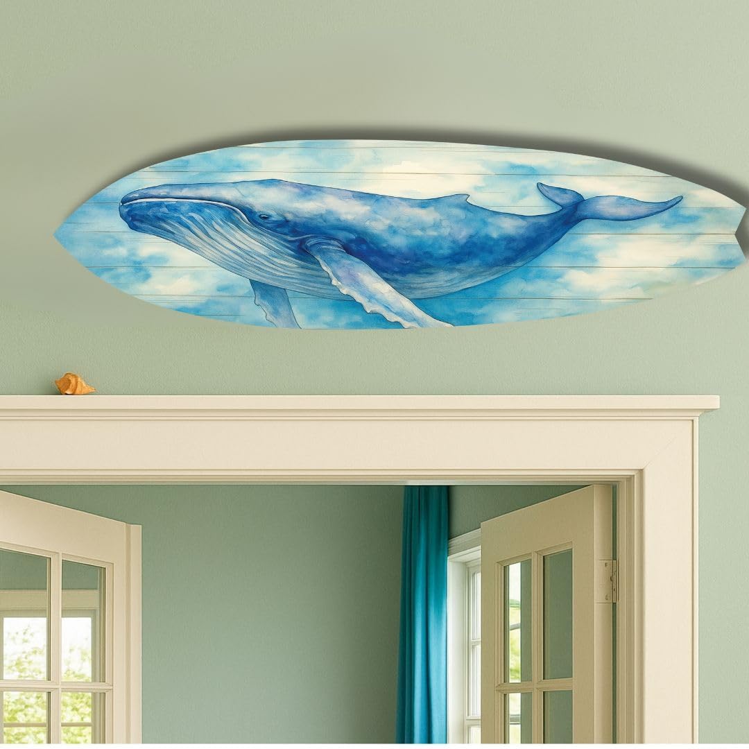 JennyGems Humpback Whale Surfboard Wall Art – Coastal Nautical Decor, Beach House Sign, Watercolor Whale Art, Indoor Outdoor PVC Surfboard Decoration (3 Foot)