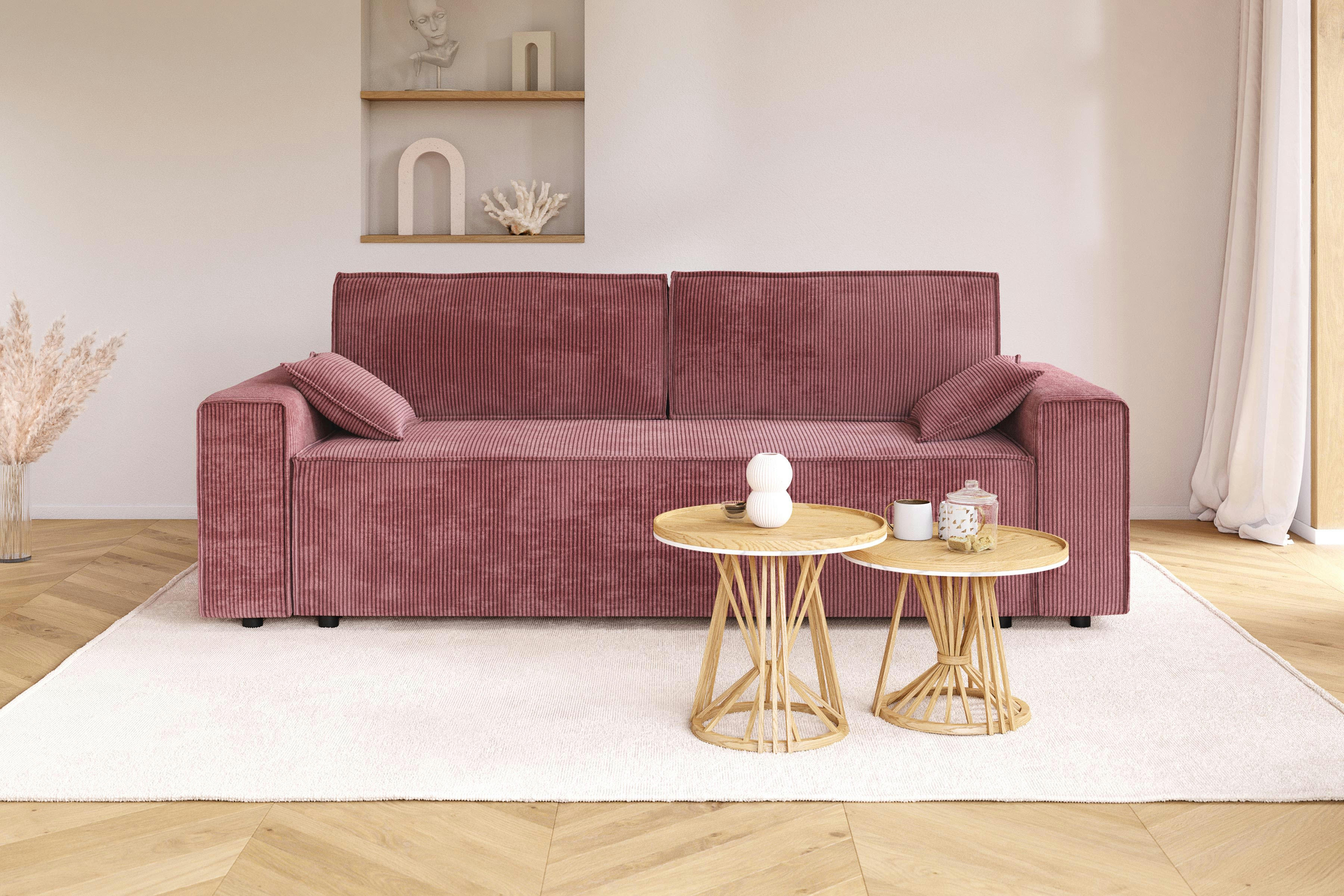 MARIUS - Canapé droit convertible en velours côtelé 3 places vieux rose