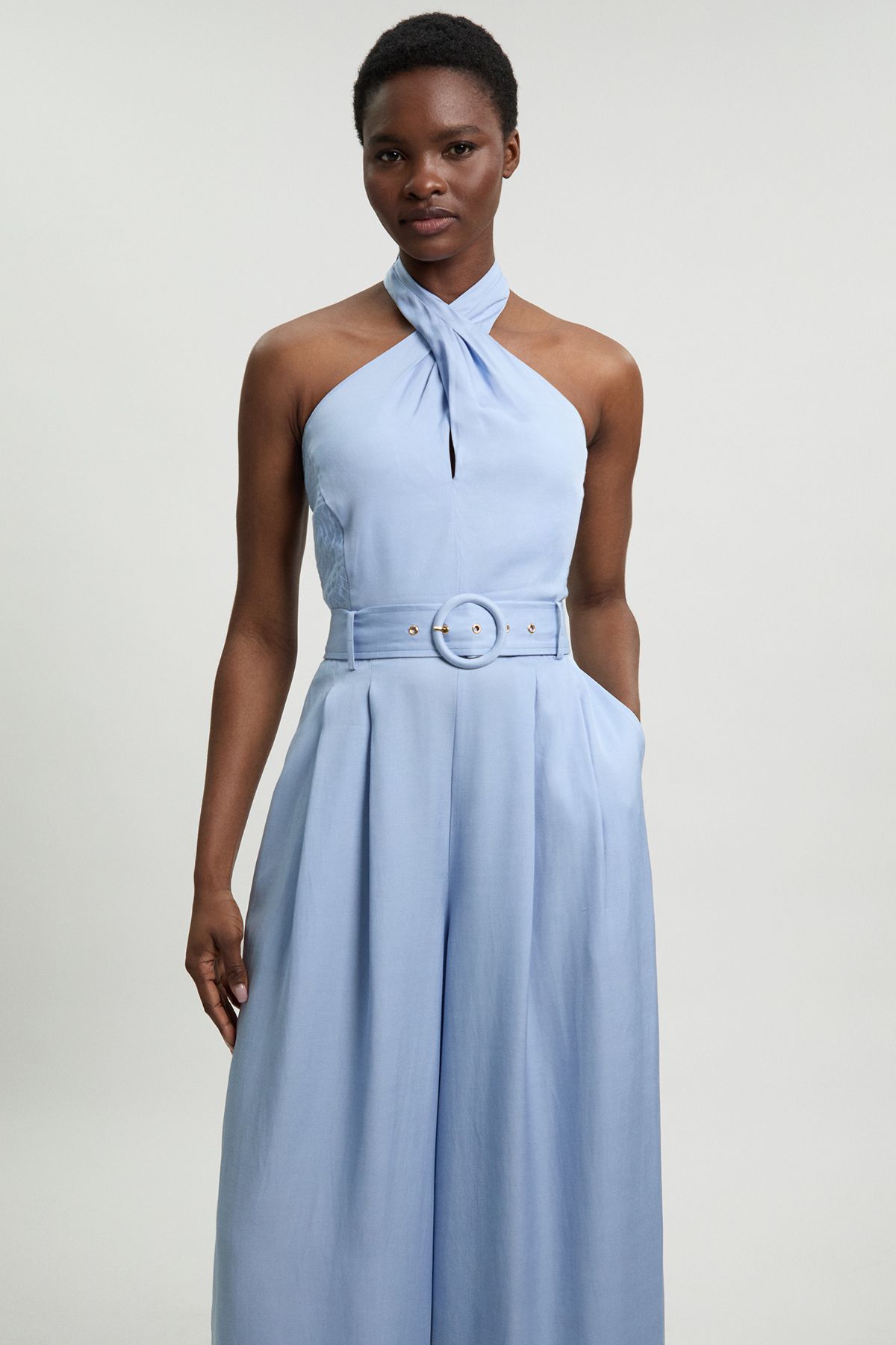 KarenMillen Premium Viscose Linen Cross Front Halter Belted Woven Wide Leg Jumpsuit