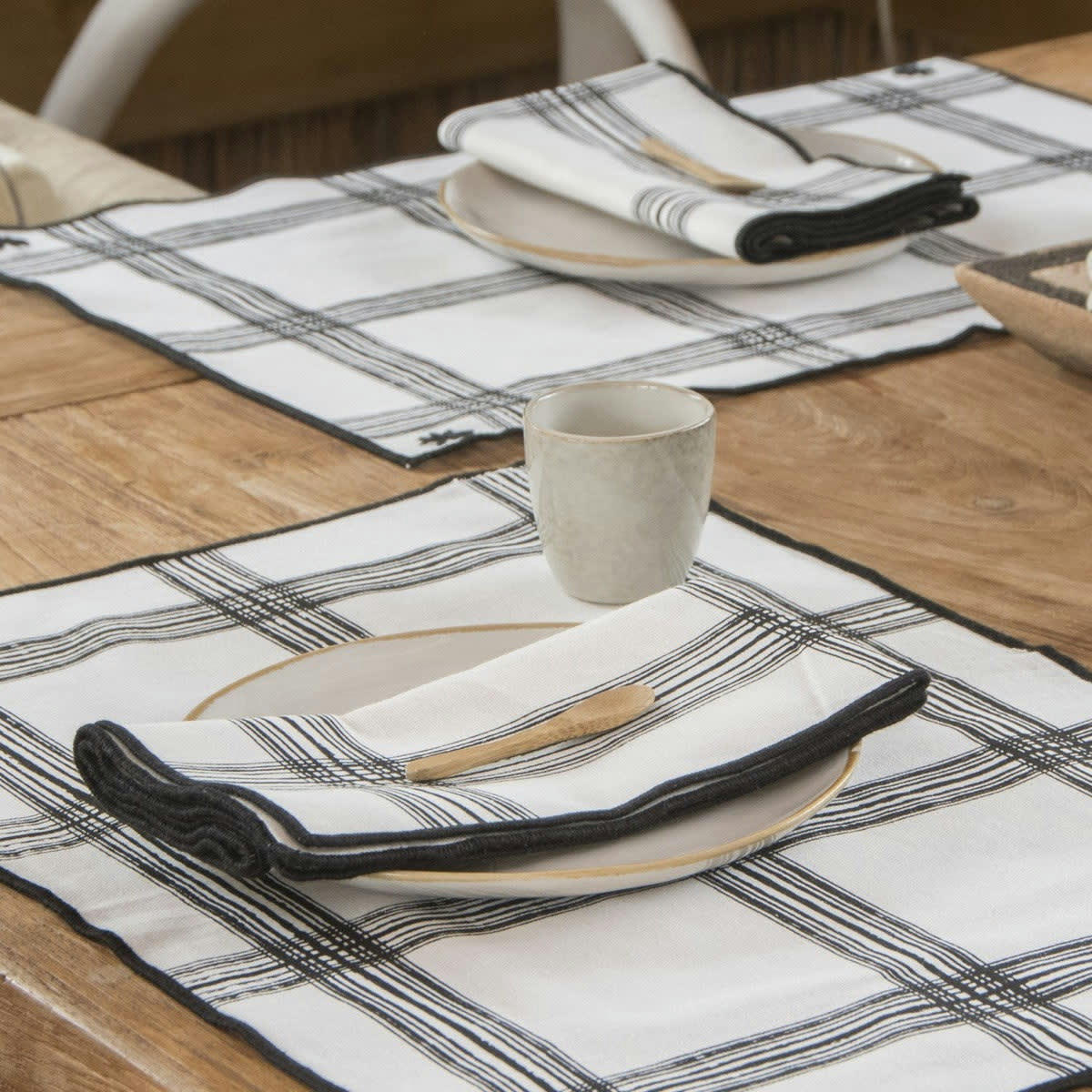 MADRAS - Serviettes de table (x4) coton  45x45 blanc / noir