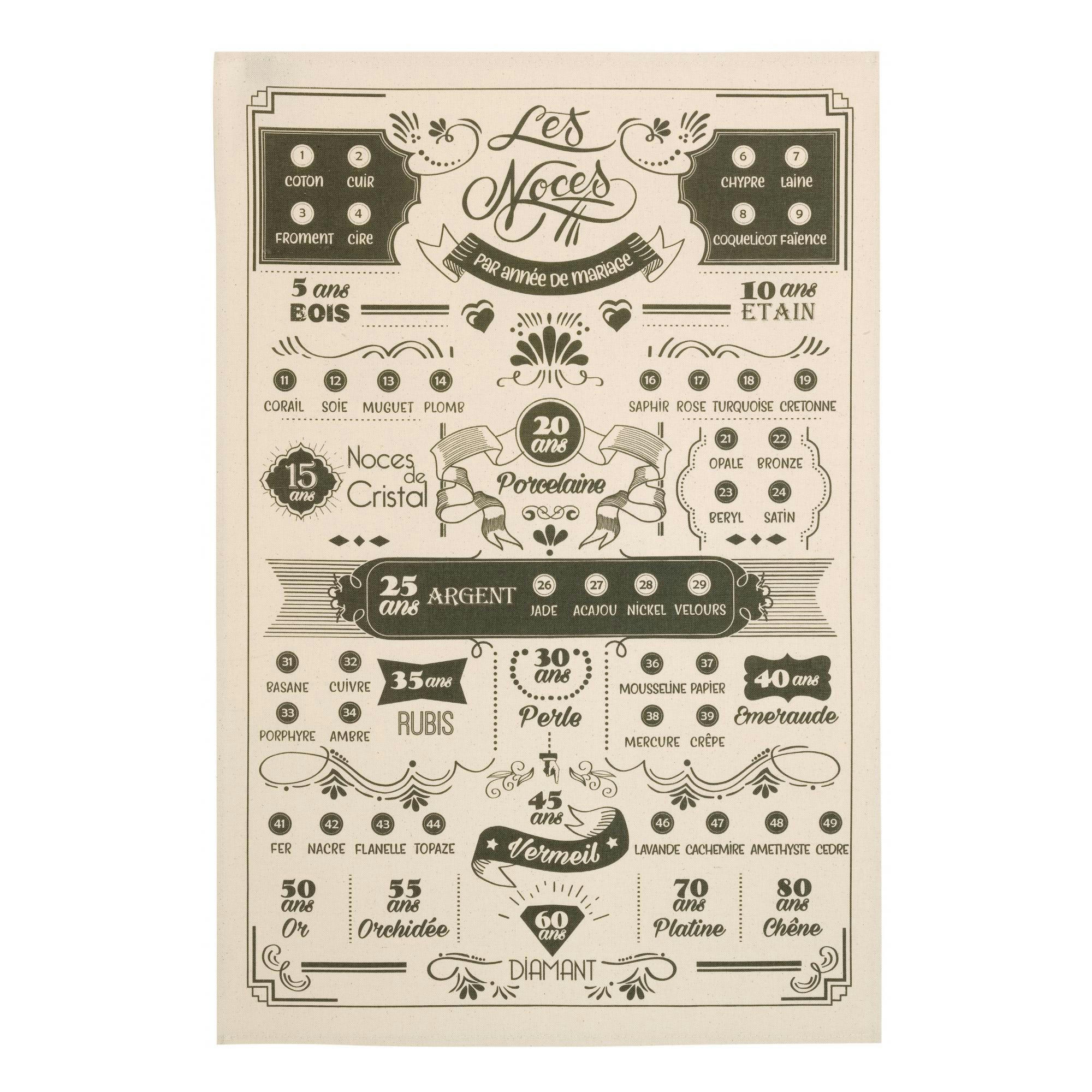 MARIAGE - Torchon les années de mariage en coton ecru 48 x 72