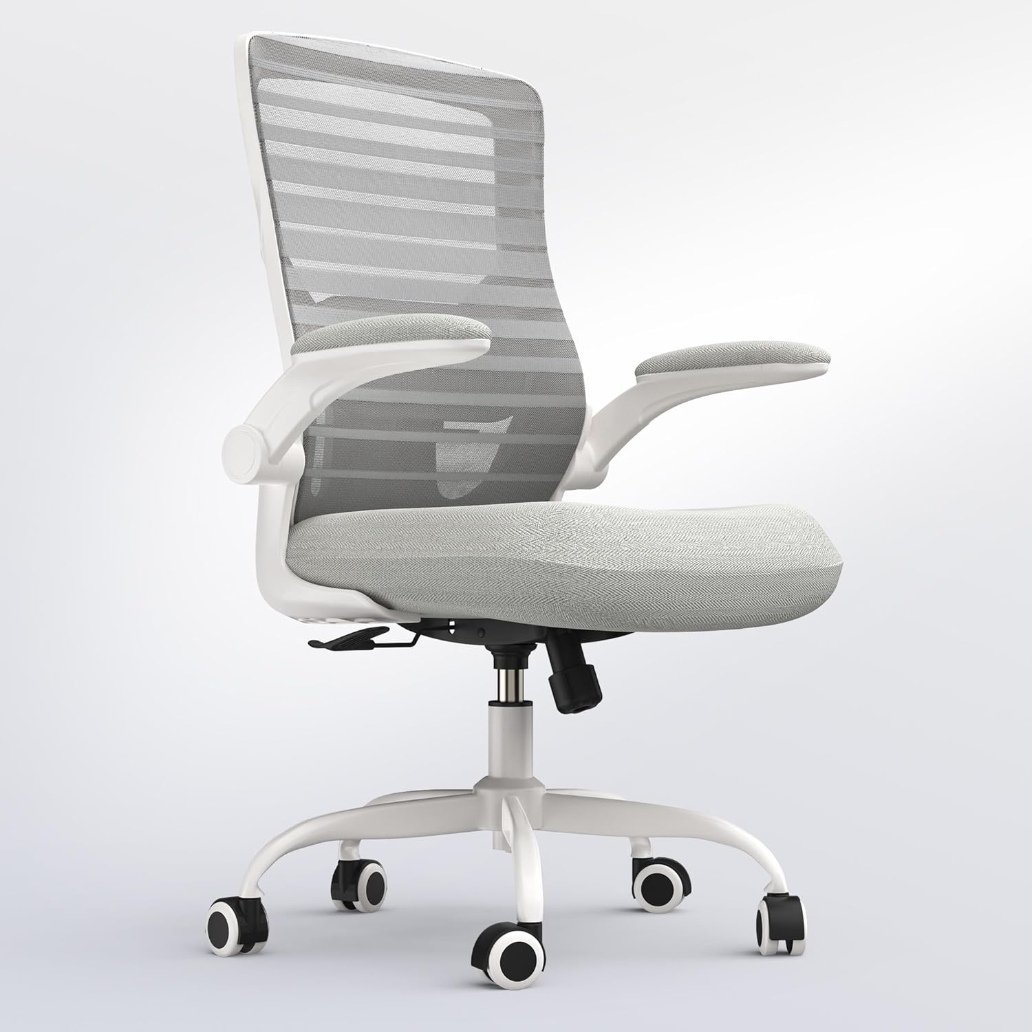 Office Chair for Long Hours & Back Pain Relief – 4 Thick Molded Foam Cushion, Padded Lumbar Support and Flip-up Armrests, Ideal for Office or Study, Light Gray