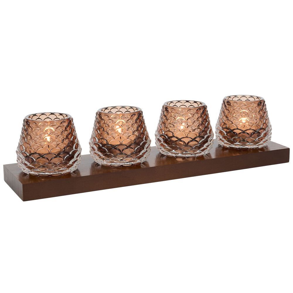 Plateau en bois avec 4 bougeoirs en verre forme pomme de pin 35x8,5x8cm