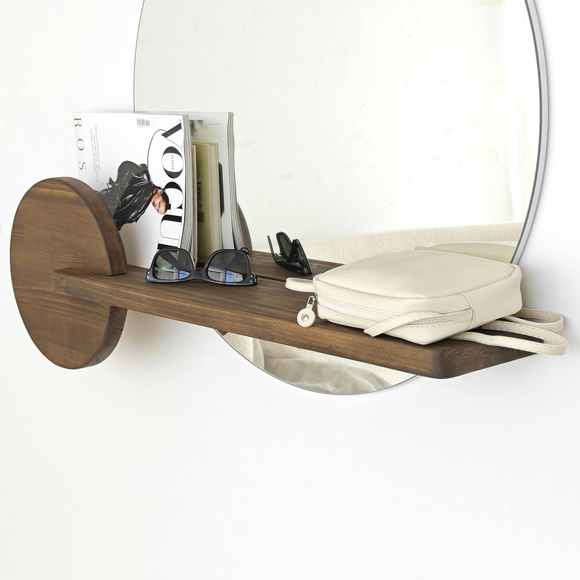 Miroir d'entrée rond avec étagère en bois brun HILO