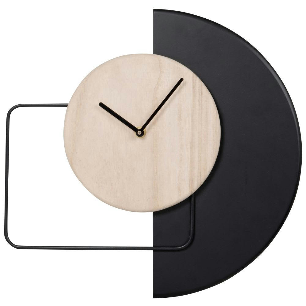 KAMINA - Horloge murale en bois de paulownia beige et métal noir 36x35