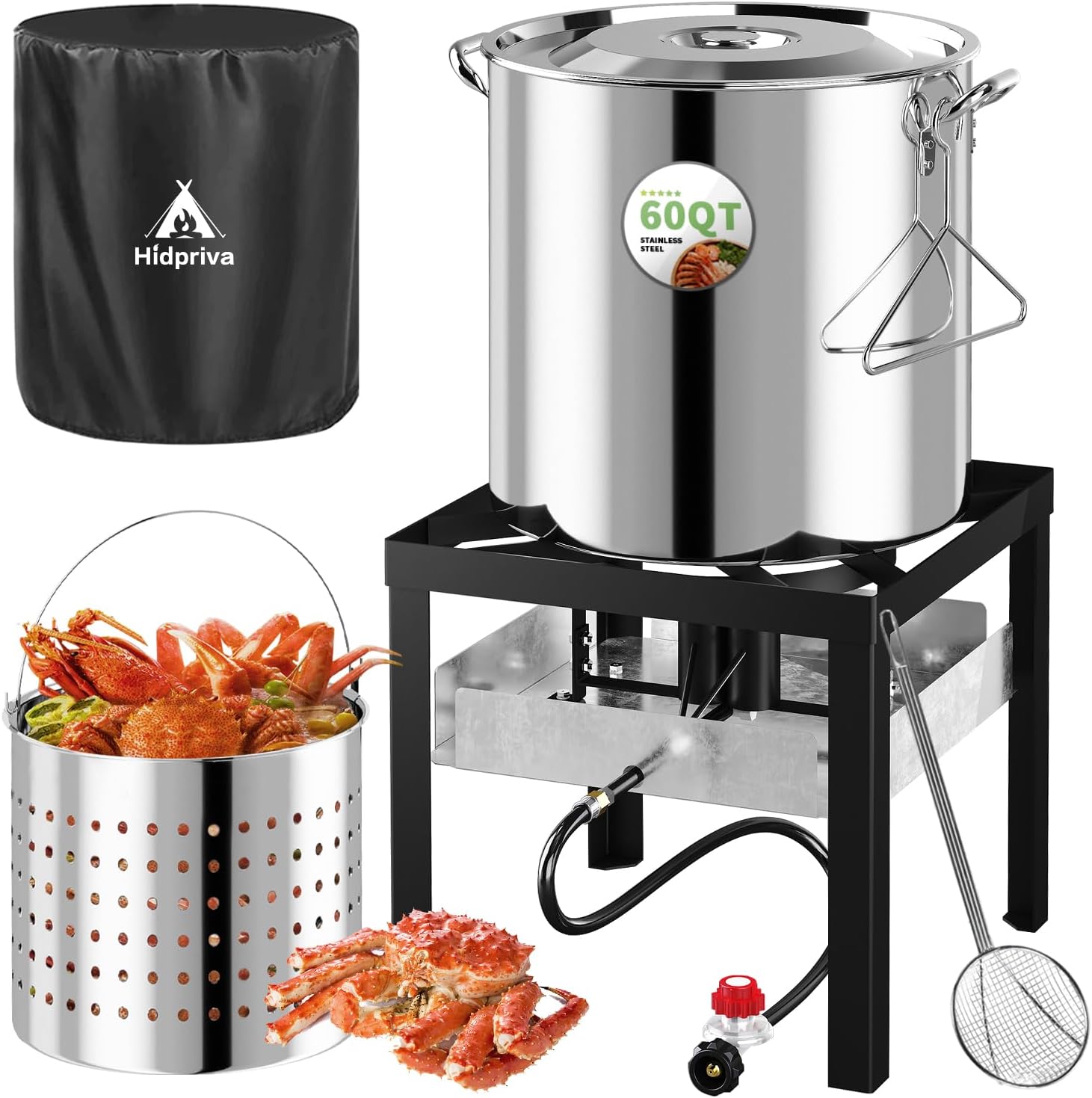 Stainless Steel 60QT Crawfish Boiler Kit, Waterproof Cover & 12-inch Skimmer, 110,000BTU Propane Burner Stove, 0-20PSIG Regulator, Seafood Boil Pot, Crab Boil Pot with 50QT Basket