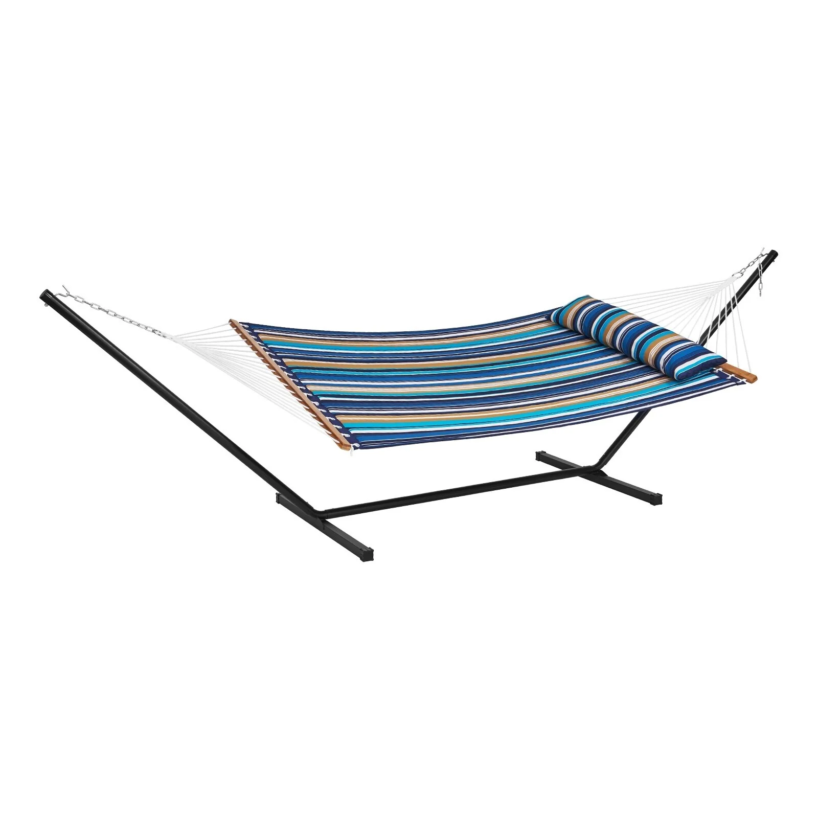 Blue Cyan Stripe Cotton Polyester Hammock with T-Stand and Wood Bar - 55.1” L x 74.8” H