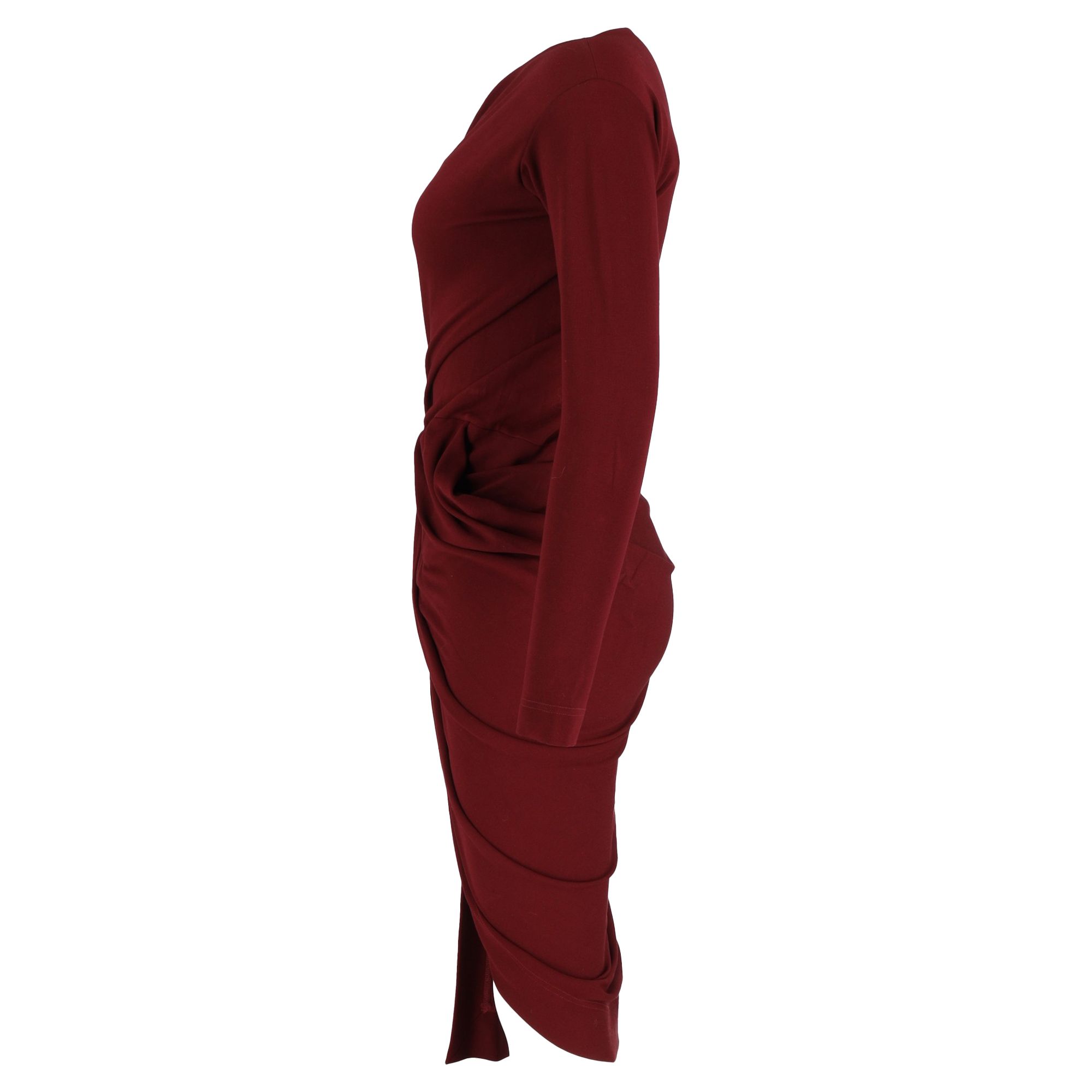 Vivienne Westwood Preloved Knee-Length Long Sleeve Draped Dress in Maroon Cotton