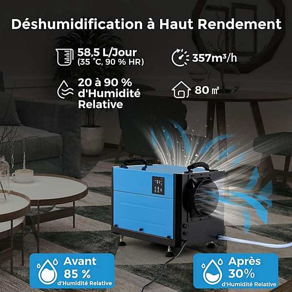 Deshumidificateur d Air Industriel 58,5L/Jour, Panneau de Contrôle, 20%-90% Humidité, 2 Méthodes Drainage Bleu