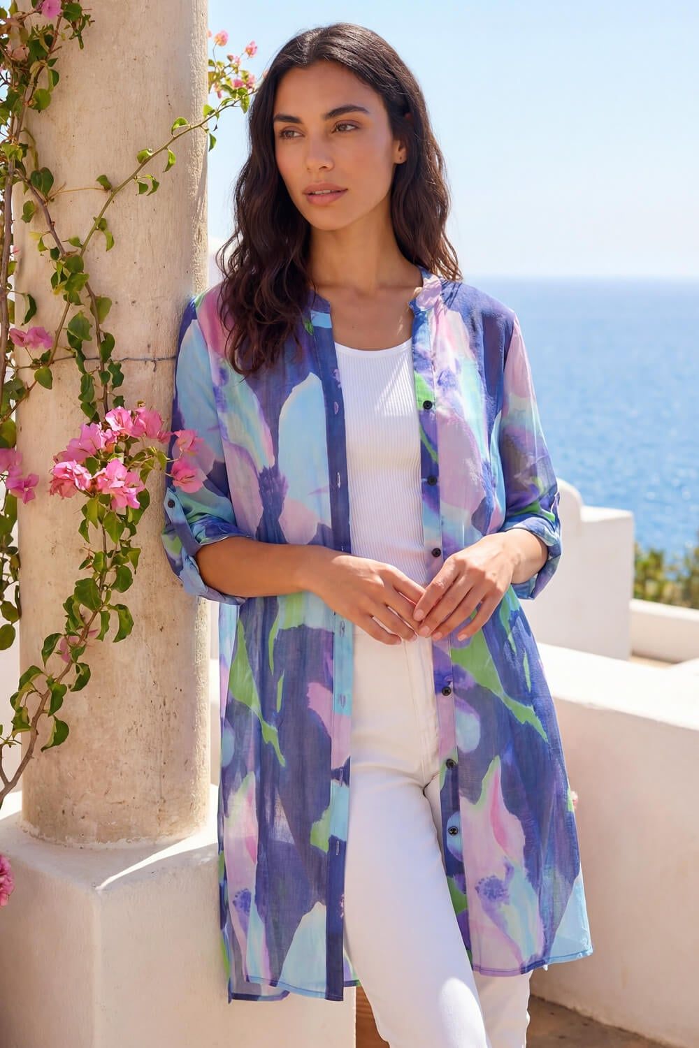 Roman Abstract Print Button Up Longline Blouse