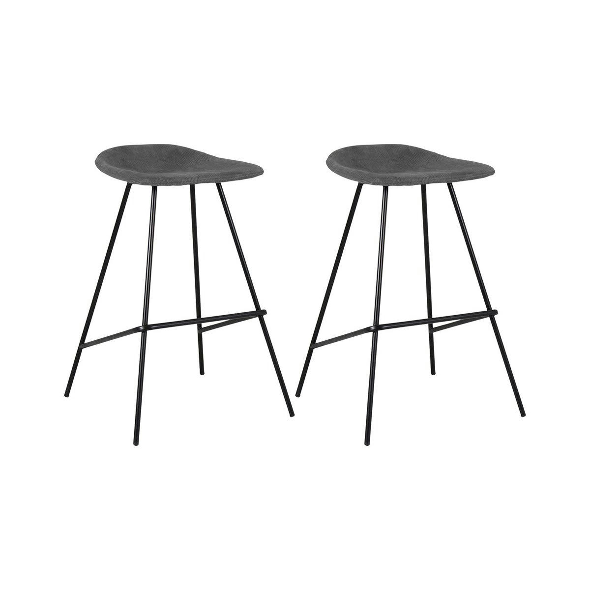 TEDDY - Lot de 2 tabourets de bar velours côtelé gris