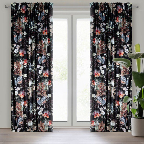 Zasłona na taśmie w kwiaty ALANI 140X270 czarna