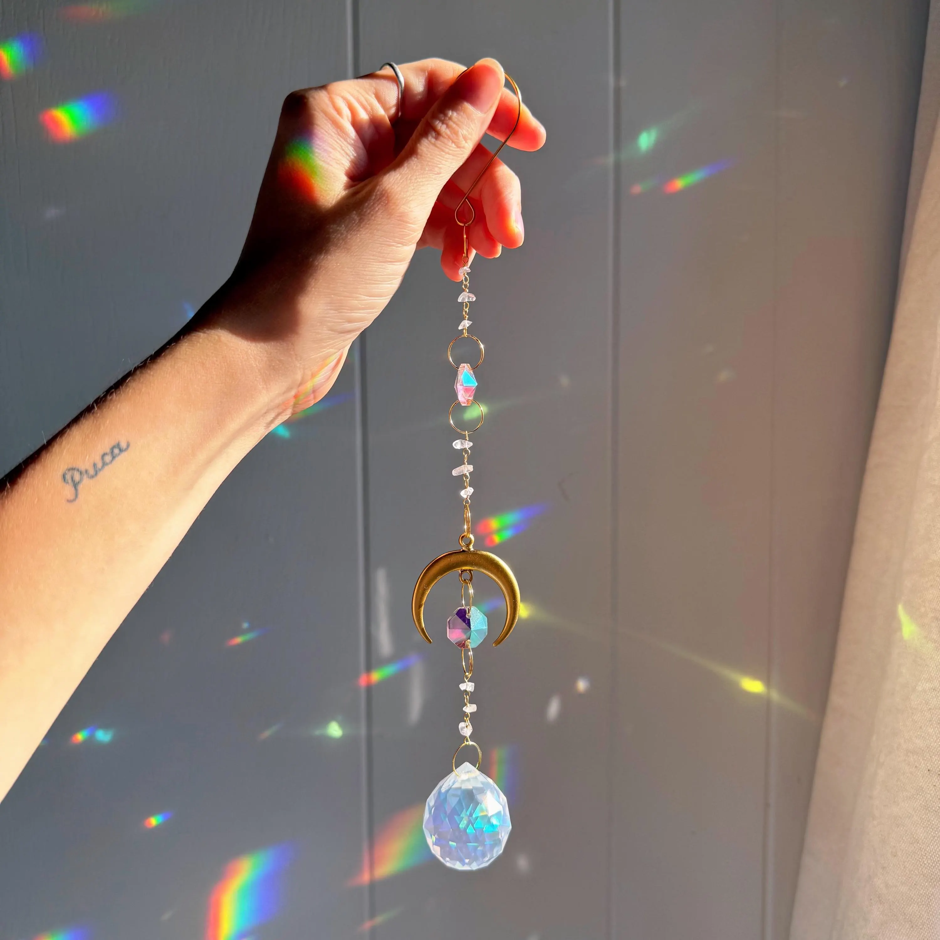Gold plated, ethereal, rose quartz crystal, pink and gold moon rainbow prism ball