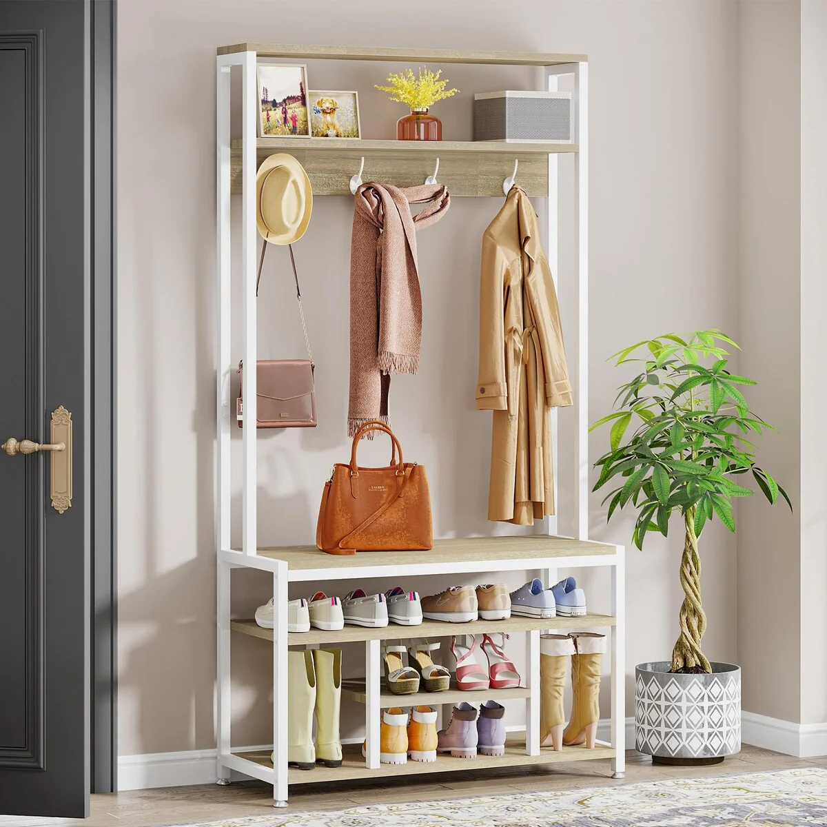 Entryway Bench with Coat Rack, 4 IN 1 Hall Tree with Shoe Rack, Shoe Bench, 4 Hanger Hooks and Storage Shelf for Entryway