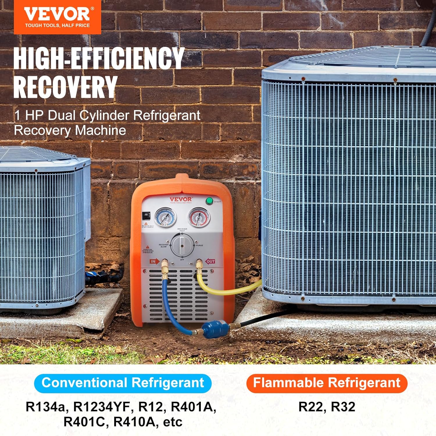 1 HP Refrigerant Recovery Machine - Dual Cylinder Portable AC Recovery Machine with High Pressure Protection 120V 60Hz Recovery Machine HVAC for Vapor Liquid Refrigerant, Car Air Conditioning(0.75 HP Single Cylinder)