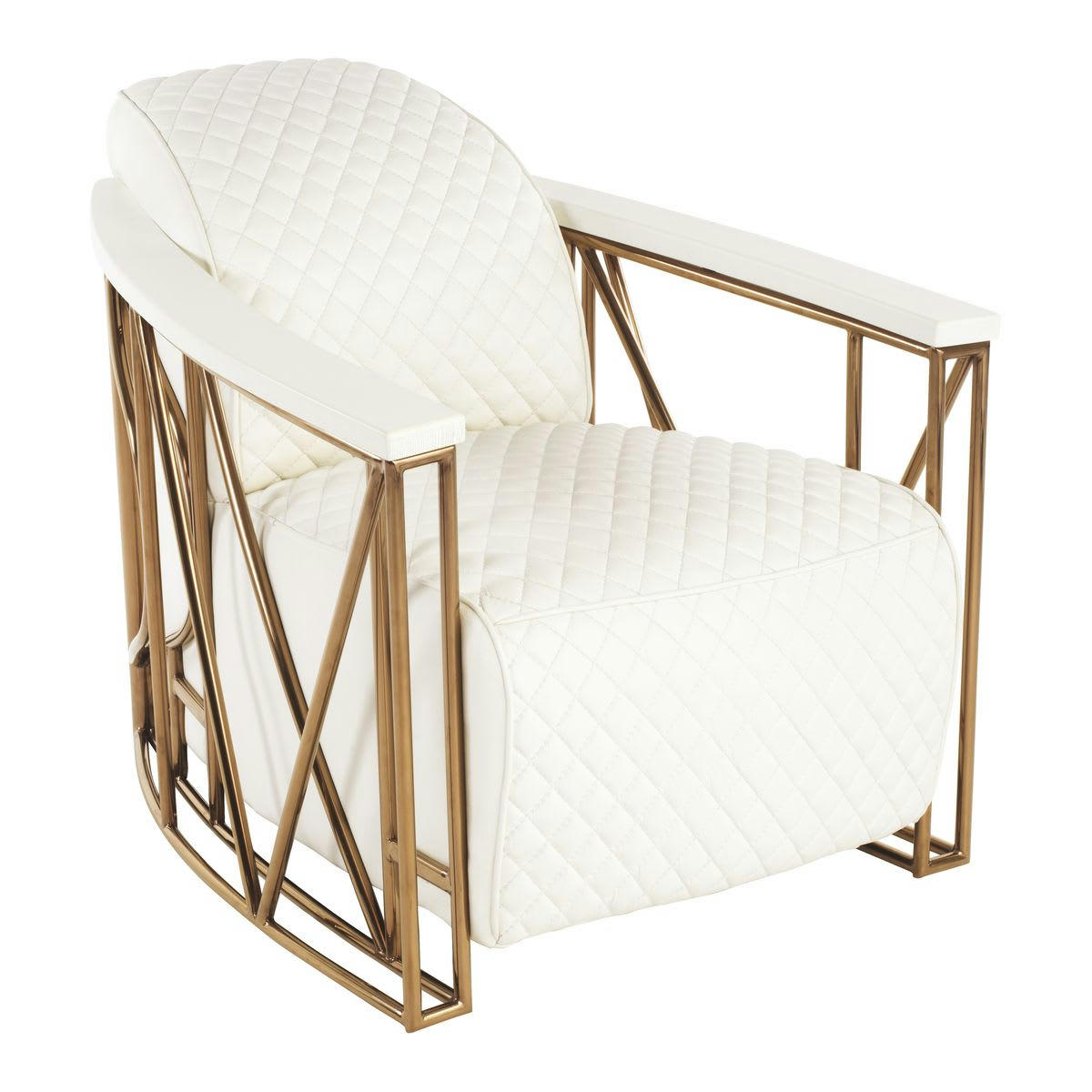 ENNIO - Fauteuil en cuir matelassé blanc et structure en inox cuivré