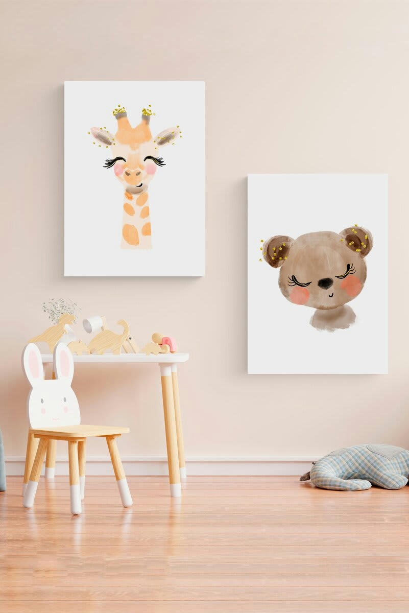 DECOWALL - Pack encadré bois blanc impression le girafe et l'ours 43X33 cm