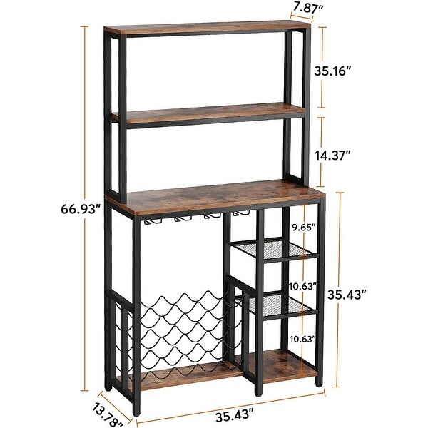 Wine Rack Bakers Table with Wine Storage and Glass Stemware Holders for Home Bar Kitchen, Dinning Room, Rustic Brown Black