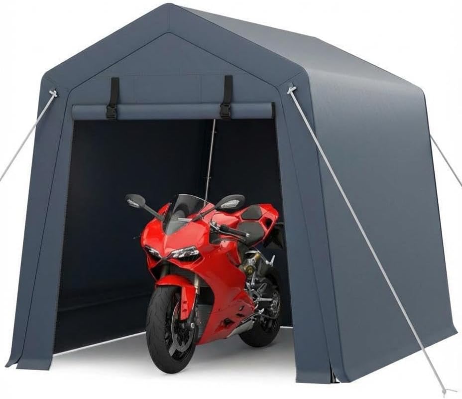 Garvee 6x8x7FT Outdoor Storage Shed Tent, Portable Carport Garage Shelter with Vent & Roll-Up Zipper Door, 240G Waterproof PE Tarp, UV-Resistant Canopy for Motorcycle Bike Tools Lawn Mower, Grey